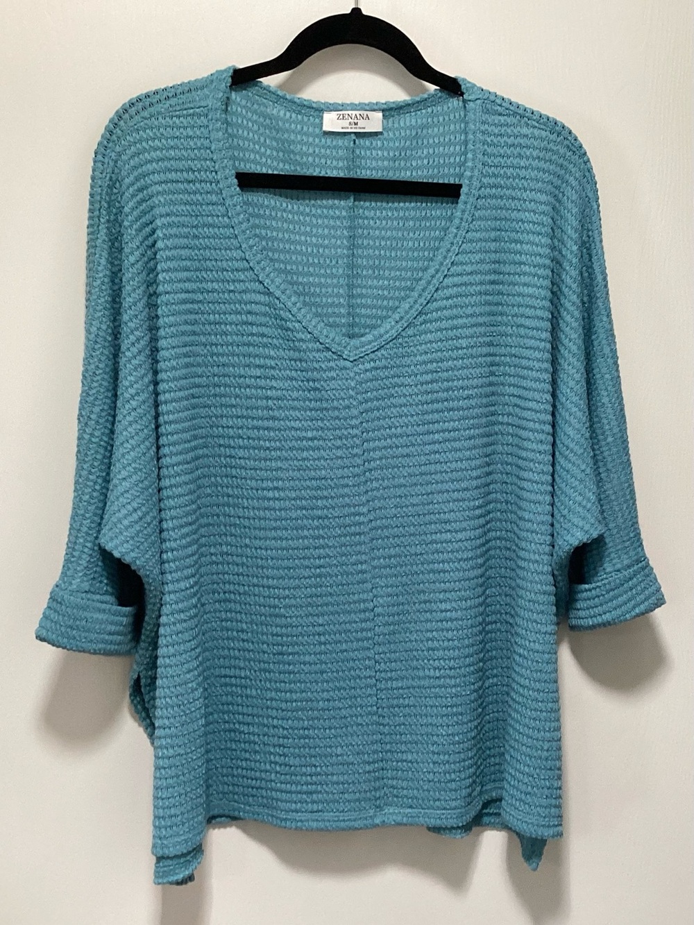 Zenana Outfitters Oversized Teal V-Neck Waffle Knit Pullover
